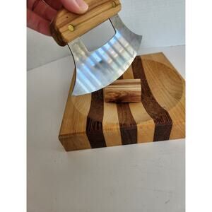 Alaskan ULU Knife & Chopping Bowl Set Birch & Walnut Wood Stainless Steel Blade